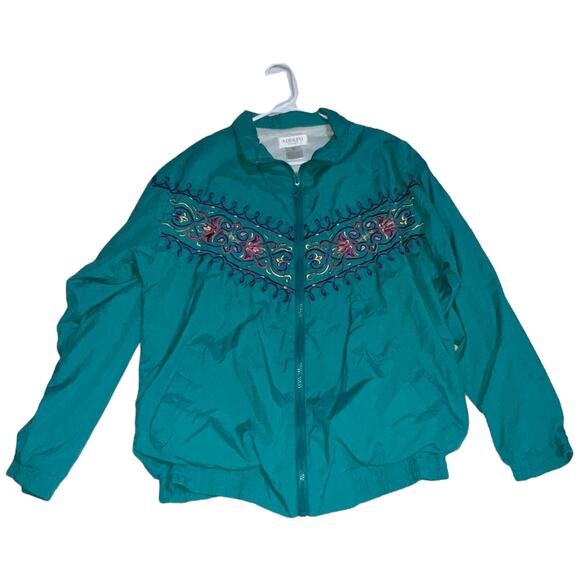 Vintage 90s Adolfo Sport Teal Embroidered Floral Windbreaker Track Set Small - Picture 8 of 13